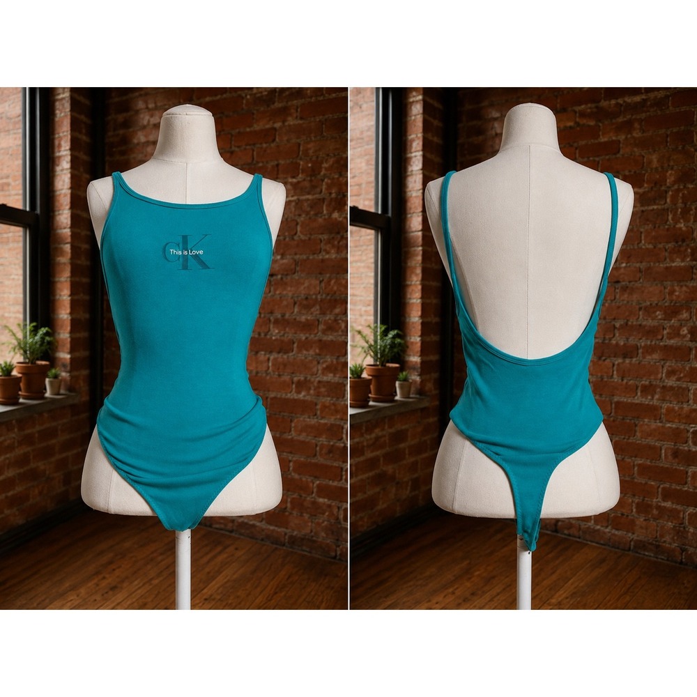 Calvin Klein Jeans Teal Blue Low Back‎ Bodysuit XS Layering  90s Festival Costal